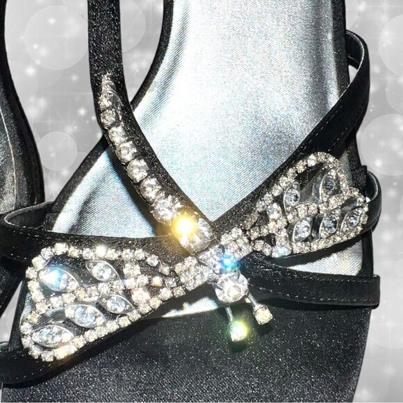 Impo black satin evening heels with rhinestone dragonfly! Ntn - Picture 6 of 9